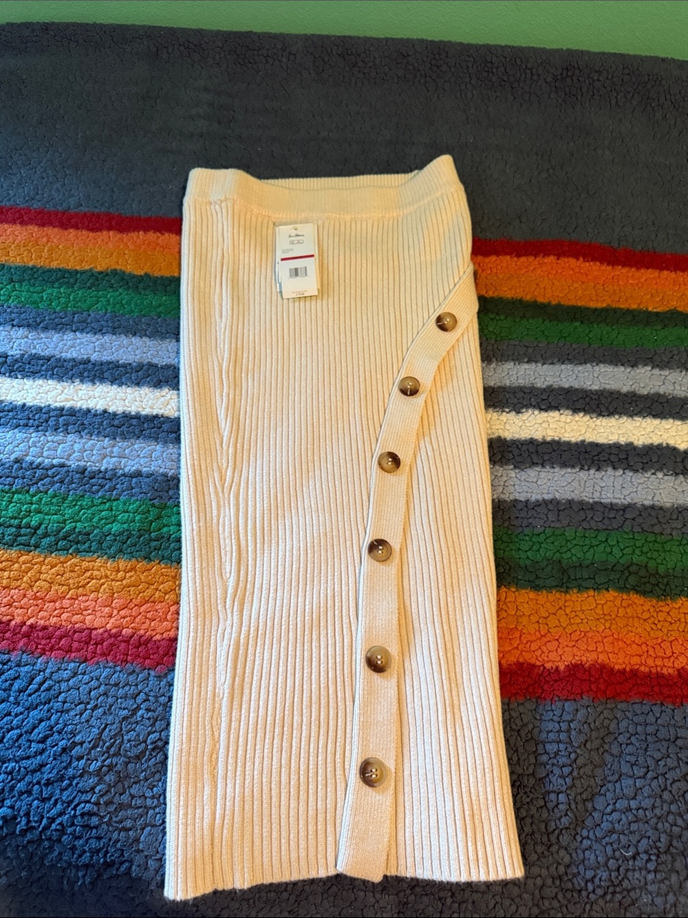 Sam Edelman Cream Ribbed Midi Skirt with Side Button Detail